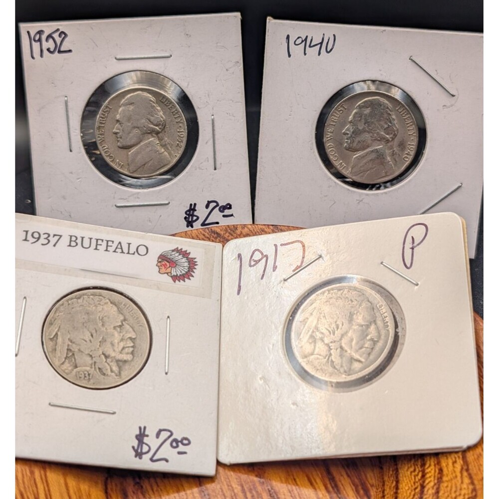 4‑Coin Nickel Lot: 1952 & 1940 Jeffersons + 1937 & 1917 Buffalo Nickels